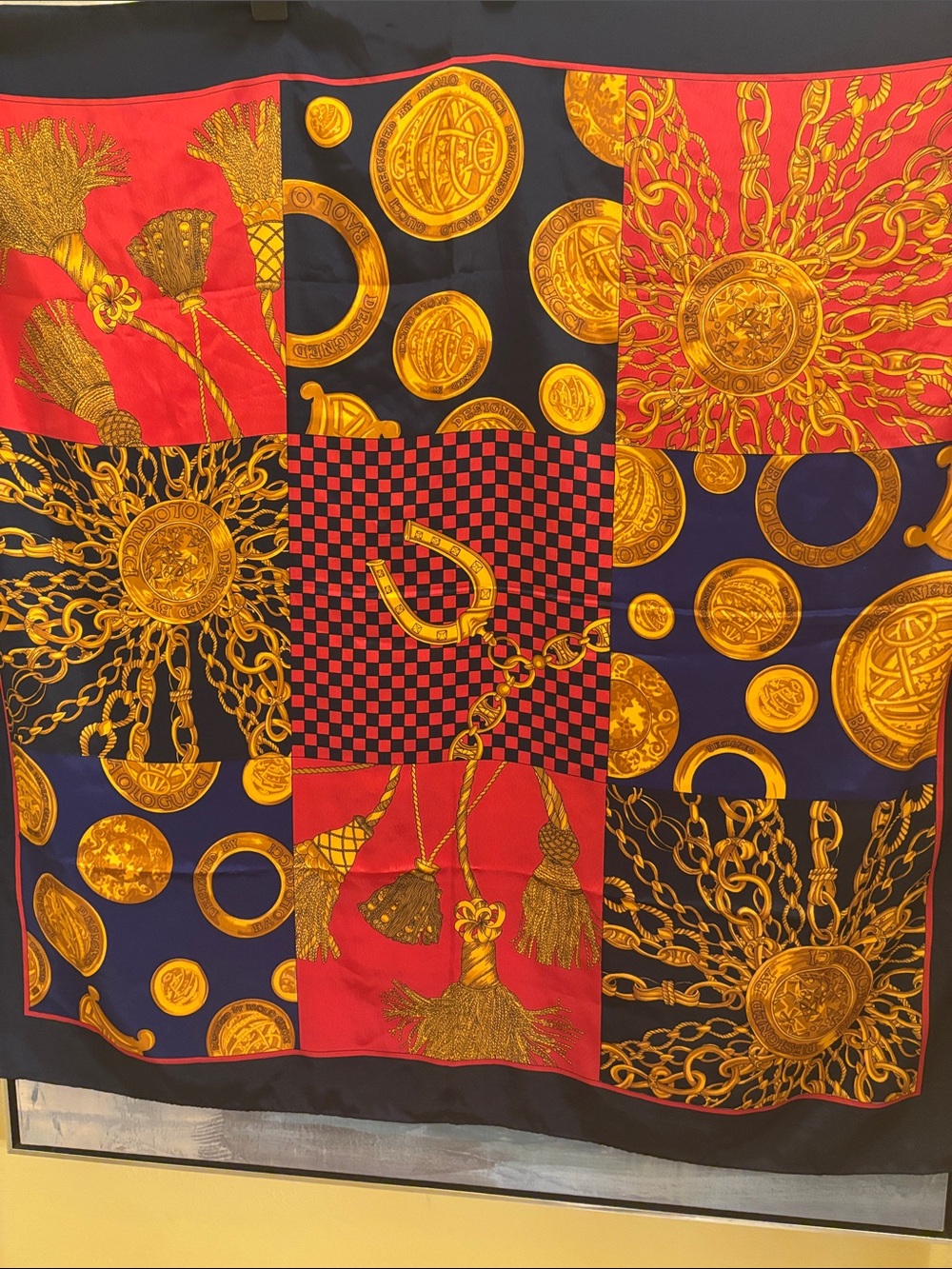 Navy, Gold & Red Equestrian Medallion Silk Scarf - Picture 5 of 7